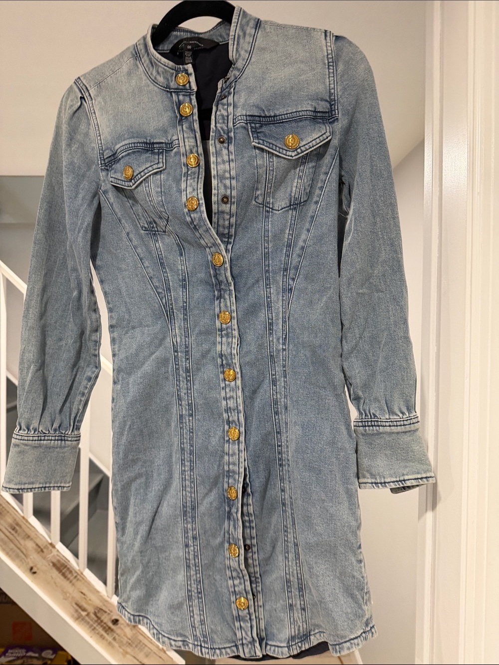 White House Black Market Light Blue Denim Jacket with Gold Buttons
